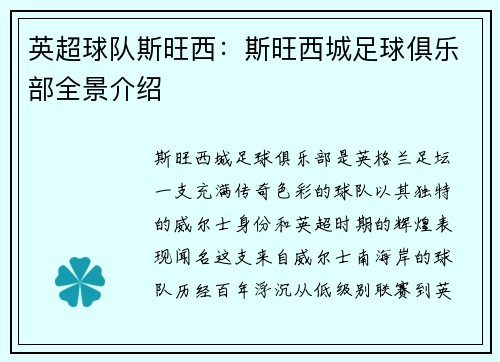 英超球队斯旺西：斯旺西城足球俱乐部全景介绍