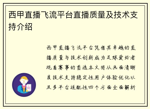 西甲直播飞流平台直播质量及技术支持介绍