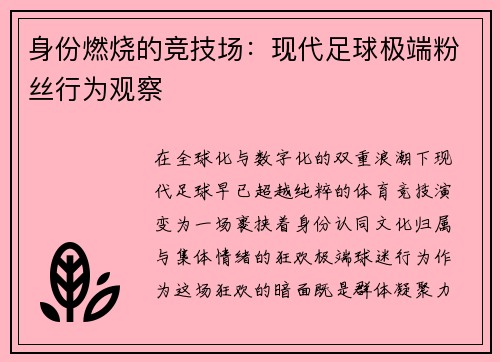 身份燃烧的竞技场：现代足球极端粉丝行为观察
