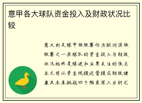 意甲各大球队资金投入及财政状况比较