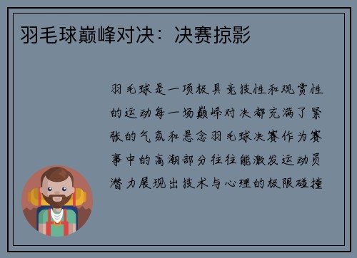 羽毛球巅峰对决：决赛掠影